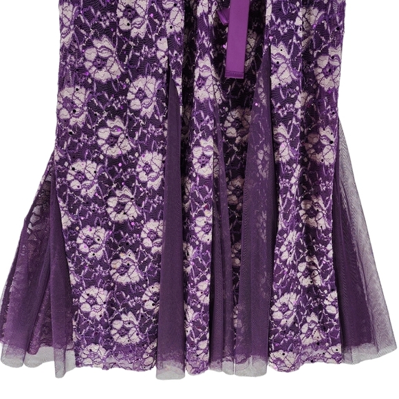 Candalite Women's Stretch Lace Tulle Godet V-Neck Tie Waist Prom Dress - MP - Picture 6 of 7